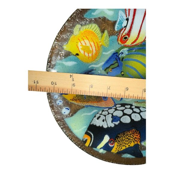 Peggy Karr Tropical Fish Under Water Fused Glass Round Platter Signed 10.5 in - Picture 6 of 7